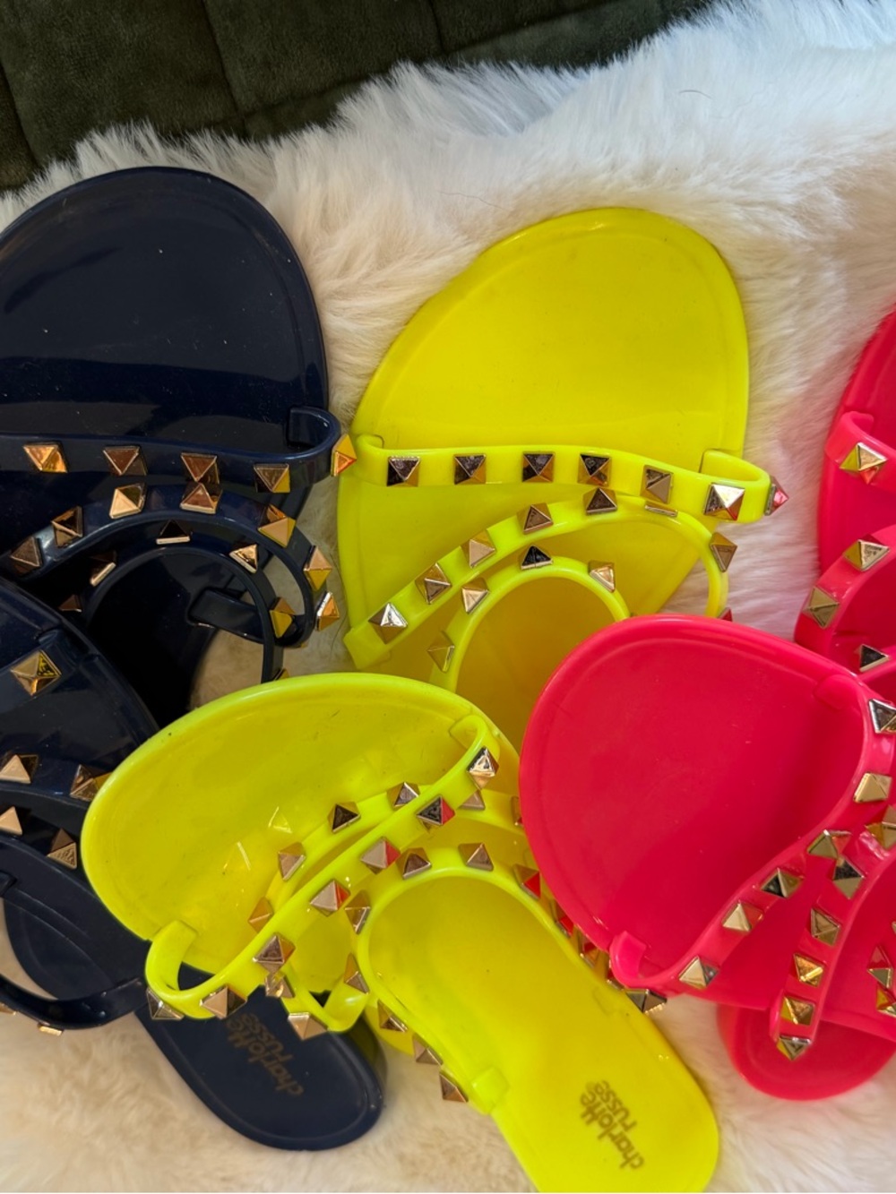 Studded Jelly Flip Flops in Neon Yellow, Hot Pink & Navy